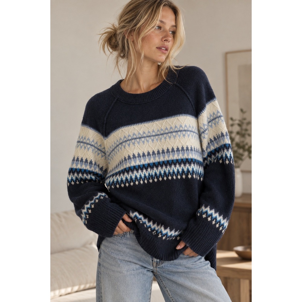 Aerie Navy Blue Fair Isle Crewneck Sweater Oversized Pullover Large